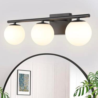 Imagem de YHTlaeh Nova luminária de banheiro bronze escovado leite branco globo vidro sombra moderna parede bar arandela sobre espelho (preto, 3 luz-61.0 cm-G9)