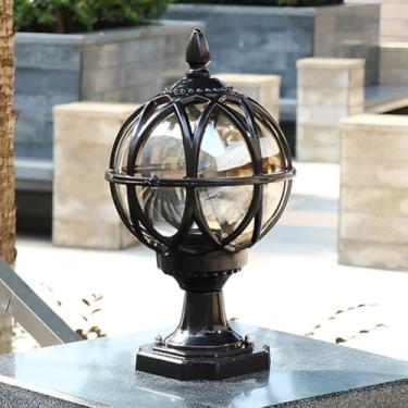 Imagem de PTOUG Luminária de poste para ambientes externos, base E26, luzes de coluna máx. de 60 W com caixa de alumínio preto e vidro âmbar IP55, lanterna de pilar exterior à prova d'água para garagem, quintal