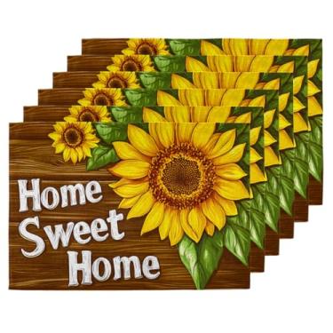 Imagem de Jogo americano conjunto de 6, tapetes de girassol Home Sweet Home, jogo americano de tecido de poliéster de linho dupla face resistente ao calor, tapetes de mesa limpáveis para mesa de jantar de