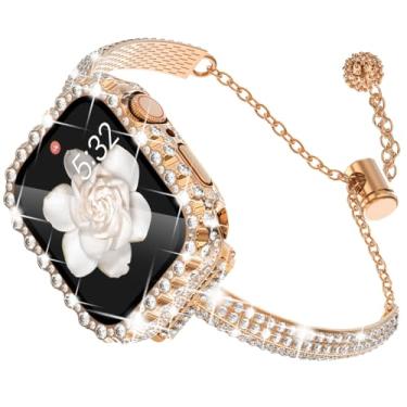 Imagem de WINGLE Pulseira feminina compatível com Apple Watch séries 9 8 e 7 de 45 mm, com elos de strass e diamante brilhante, à prova d'água 2 em 1, capa protetora de diamante com borda de renda, ouro rosa