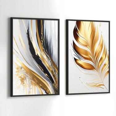 Imagem de Conjunto Quadros Decorativos com Moldura Folhas Gold Abstrato Kit 2 Qu