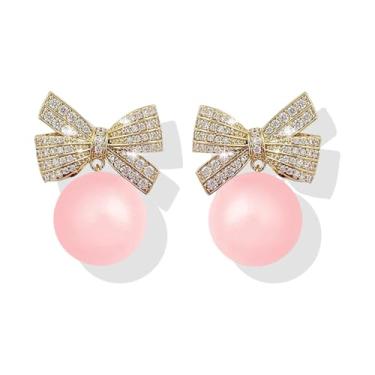 Imagem de Brincos de laço de Natal para mulheres com strass, fita de Natal, brincos de laço de pérola vermelha de Natal, bijuterias de Natal, Large Size, Metal, Sem pedra preciosa