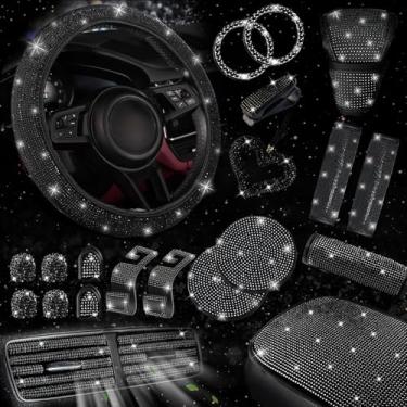 Imagem de NBTEPEM Conjunto de acessórios de carro com 30 peças pretas brilhantes para mulheres, conjunto de capa de volante, capa de console brilhante, almofada de cinto de segurança, almofada de botão de