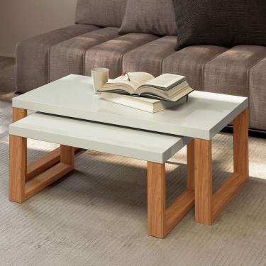 Imagem de Mesa de Centro Industrial Kit 2 Peças 100% Mdf Off White/Freijó F40 - Pradel