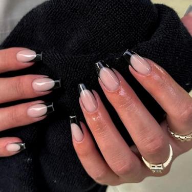 Imagem de 30 unhas, pretas, francesas, pretas, pretas, pretas, pregos falsos, acrílico em forma de T, cola francesa em forma de T, para mulheres, estilete natural, 15 tamanhos
