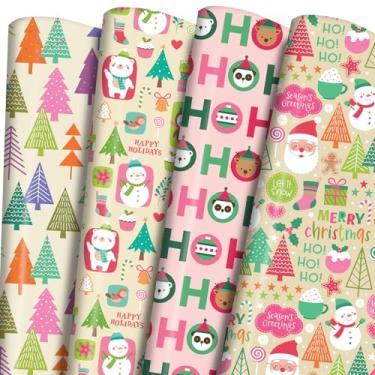 Imagem de PlandRichW Papel de embrulho vintage de Natal - 6 folhas jumbo de Natal 71 x 101 cm com árvores coloridas, bonecos de neve, ursos e padrões "HO HO HO" - Papel de embrulho para presente de Natal para