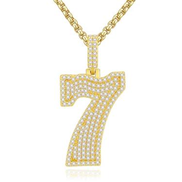 Imagem de OCHCOH Colar masculino com pingente Iced Out 7 – Corrente de números da sorte banhada a ouro 14K com pedras CZ e corrente de caixa de aço inoxidável de 3 mm (50 a 66 cm), 26 Inch, Ouro, Zircão