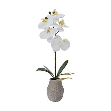 Imagem de Mikasa Orquídea artificial em vaso, orquídea falaenopsis, vaso de cimento de trama em relevo, ramo único de 40,64 cm, branco/amarelo