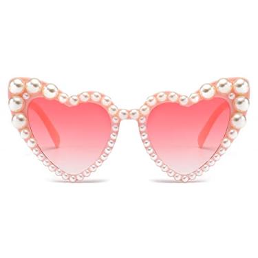Imagem de LJCZKA Óculos de sol femininos luxuosos Love Pearl em forma de coração, olho de gato, festa, festival, cintilante, cintilante, Rosa gradiente rosa, tamanho �nico