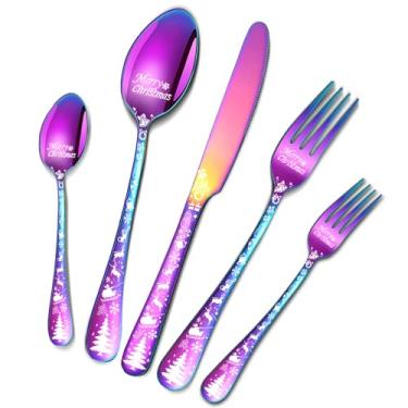 Imagem de Conjunto de talheres arco-íris de 20 peças, conjunto de talheres de aço inoxidável para 4, conjunto de utensílios de mesa com colheres coloridas, garfos, facas, talheres para casa, restaurante, festa