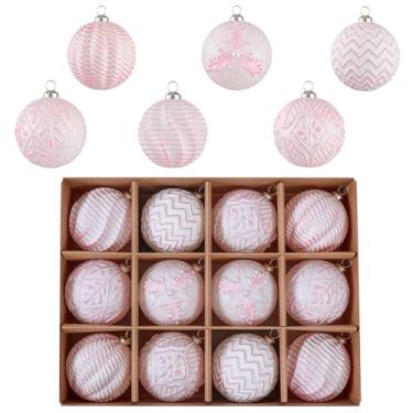 Imagem de Conjunto de bolas de enfeites de Natal vintage, 12 peças, ornamentos de árvore de Natal tradicionais antigos à prova de estilhaçamento para decoração de casa de Natal em ambientes internos (rosa)