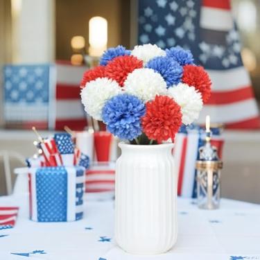 Imagem de SHINE-CO LIGHTING Buquê de flores com bola de crisântemo artificial, 12 peças, no dia 4 de julho, moral gloriosa para decoração de festas de café e escritório (vermelho, branco, azul)