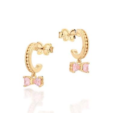 Imagem de Brinco Meia Argola Laço Zircônias Coração Rommanel 527536, Dourado