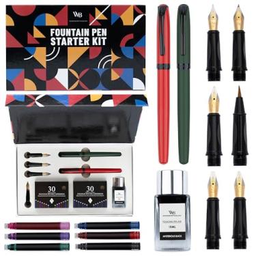 Imagem de Conjunto de canetas-tinteiro Wordsworth e preta, verde, inclui 2 canetas, frasco de tinta de 18 ml, 60 cartuchos de tinta, conversor de refil de tinta, 1 ponta média e 4 pontas largas, caneta pincel