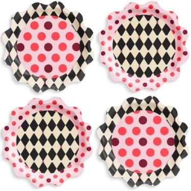 Imagem de xo, Fetti Pratos de papel de circo, xadrez ondulado + bolinhas - 24 peças | Decorações de aniversário, utensílios de mesa de mágico de carnaval, configuração de festa infantil, suprimentos de palhaço
