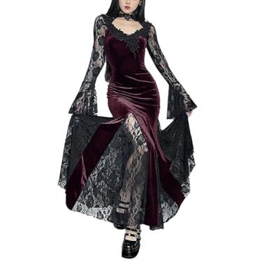 Imagem de IKADEX Vestido gótico vintage de renda punk gótico casual cosplay vestido de festa vermelho escuro M