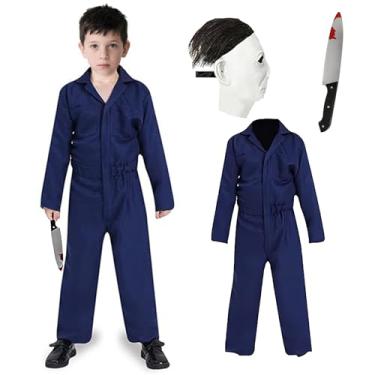 Imagem de Fantasia de assassino de Halloween infantil macacão azul máscara assustadora faca traje de terror cosplay terno para meninos e meninas (B médio)