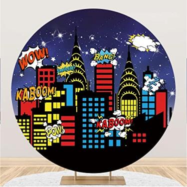 Imagem de Yeele Capa de pano de fundo redondo de cidade de super-herói de 1,8 x 1,8 m com céu estrelado com céu estrelado e arranha-céus para recém-nascidos, chá de bebê, crianças, decoração de festa de