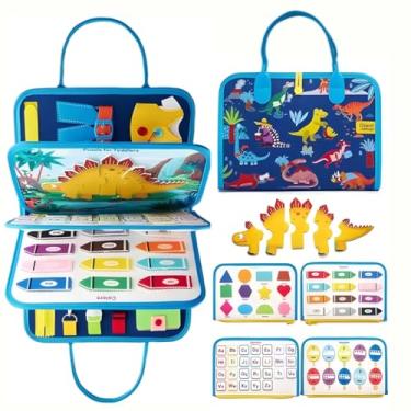 Imagem de Maleta Sensorial Montessori, Brinquedo Educativo Dinossauro Pré-escolar, Placa de Feltro com Atividades para Desenvolvimento de Habilidades Básicas