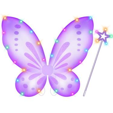 Imagem de DUDUCOFU Meninas asas de borboleta de fada com luz LED, asas de fada iluminadas varinhas de estrela para meninas crianças mulheres vestido de Halloween (roxo)