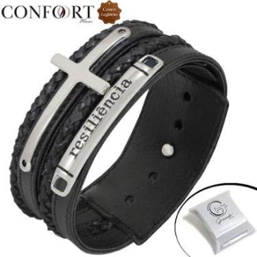 Imagem de Pulseira Ajustável De Couro Preto Masculina Resiliência Prateado-Unissex