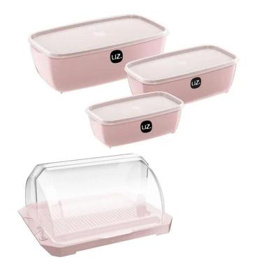 Imagem de Kit Potes 3 Peças + Porta Pão Premium Acrílico Uz Rosa