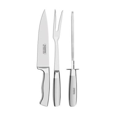 Imagem de Kit Tramontina Faca Chef + Garfo Trinchante + Chaira Cronos em Aço Ino