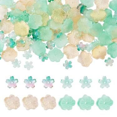 Imagem de KISSITTY 100 peças de contas de folha de flor de lótus de vidro tampas de contas de flor de cerejeira lindas folhas florais de cristal contas espaçadoras soltas em massa verde transparente para fazer