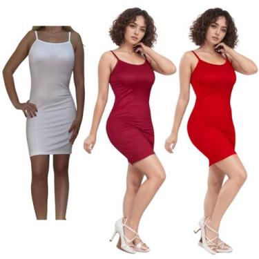 Imagem de KIT C/3 Vestidos Alcinha Canelado - Emporio J, Branco, Vinho, Vermelho
