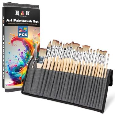 Imagem de 25PCS H & B Paint Brush Set – Professional Acrylic, Watercolor & Oil Brushes for Canvas, Face & Detail – Flat, Filbert, Fan, Round, Angle, Rigger – Canvas Roll & Palette Knife (Nature Wood)