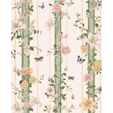 Imagem de BOKEBEVE Papel de parede bege para contato floral boho papel de parede amigável para locatário papel de parede para mesa banheiro prateleira forro removível 17,5 x 393,5 pol