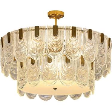 Imagem de Lustre redondo de vidro com 6 luzes para tetos altos, 2 camadas, cristais texturizados, luz pendente moderna, luminária pendente nórdica, vintage, dourada, para ilha de cozinha, quarto de me