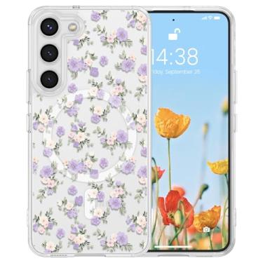 Imagem de RALEAVO Capa para Samsung Galaxy S23 compatível com MagSafe Clear Floral Pattern Design Cute Cover for Girls Women Slim Magnetic Hard Back Shockproof for S23 Phone Case, Purple Flowers