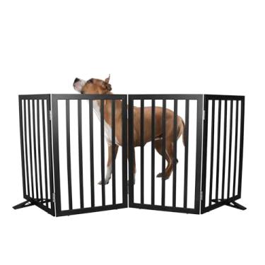 Imagem de SFJC Portão interno para cães, cerca independente para casa, portas, corredores ou escadas, portão para animais de estimação dobrável de madeira, expansível 81 cm de altura, 4 painéis, preto