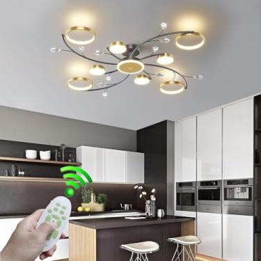 Imagem de Luminária de teto de cristal LED moderna com controle remoto escurecimento sala de estar teto luz chique forma ouro alumínio lustres acrílico abajur mesa jantar hall iluminação lâmpada inter