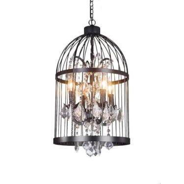Imagem de Lustre industrial de cristal com gaiola para pássaros preta, luminária de teto suspensa com 4 luzes, lustre vintage para casa de fazenda, restaurante, café, bar, sala de estar