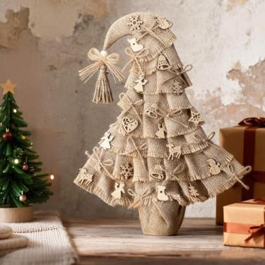Imagem de Civaner Mini árvore de Natal de juta, decoração de mesa artificial de 45,7 cm, decoração de mesa de pelúcia com design de chapéu de papai noel, para decoração de mesa de jantar e cozinha