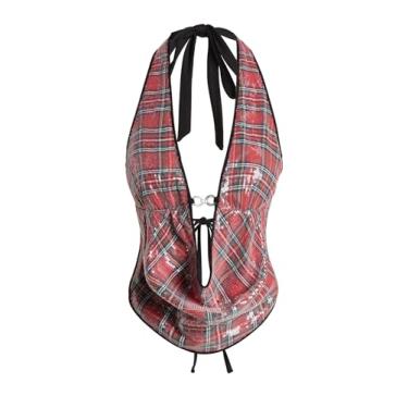 Imagem de Verdusa Top feminino de lantejoulas com estampa de guepardo Y2K amarrado nas costas espartilho frente única cropped, Xadrez vermelho, PP