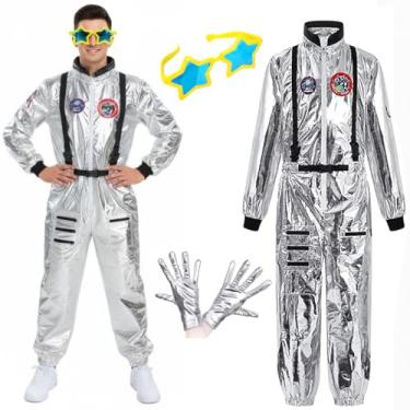 Imagem de Utaomld Fantasia de astronauta adulto adolescentes prata traje espacial masculino feminino Halloween fantasia de homem espacial roupa prata (2GG)