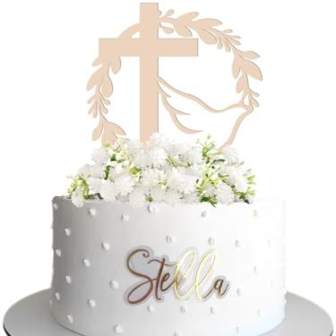 Imagem de Wood Baptism Cake Toppers Holy Spirit Baptism Cake Decoration with Gypsophila Dove for Baby Shower Party