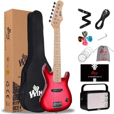 Imagem de WINZZ Kit de guitarra elétrica infantil de 76 cm, mini guitarra elétrica para iniciantes com amplificador, estojo, cordas extras, palhetas, alça, cabo e chave inglesa, rosa gradiente