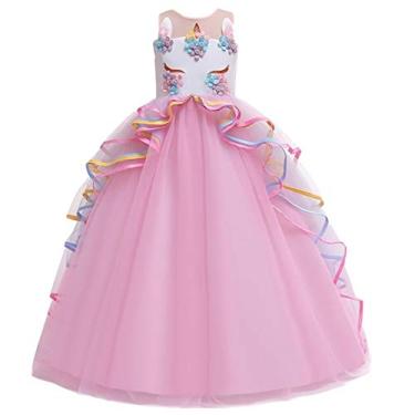 Imagem de REXREII Vestido longo de tule para meninas, unicórnio, festa, Halloween, carnaval, fantasia, princesa, aniversário, Natal, longo, rosa, 10-11 anos