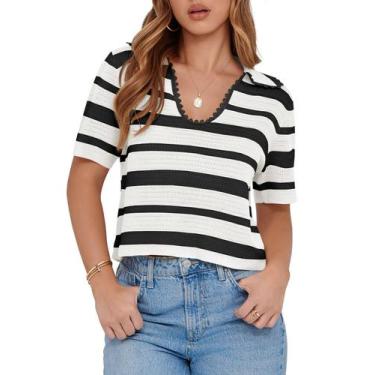 Imagem de Suéter feminino listrado cortado Saodimallsu de verão, manga curta, de