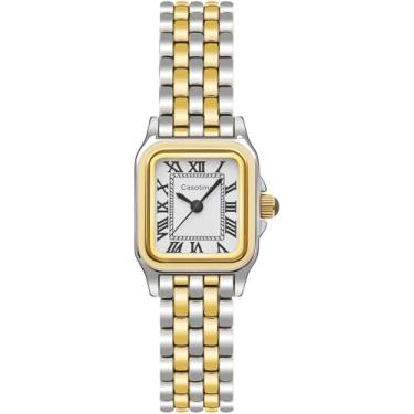 Imagem de Casotime Relógio feminino dourado, caixa retangular vintage com mostrador numeral romano, pulseira pequena, resistente à água, inclui ferramenta de ajuste (prata)