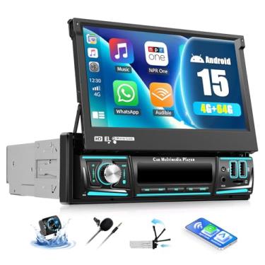 Imagem de [4 + 64 G] Tela sensível ao toque Android 15 Single Din com Carplay sem fio e Android Auto, rádio veicular flip out de 17 polegadas com WiFi GPS Mirror Link Bluetooth FM/RDS Rádio DSP EQ SWC + câmera