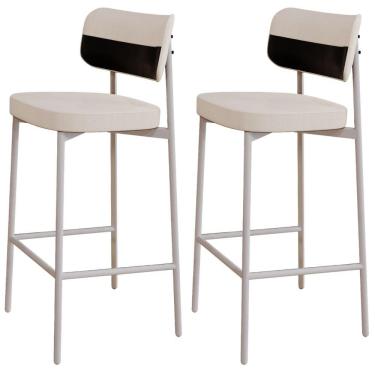 Imagem de Kit 02 Banquetas Alta Bar Cozinha Sala De Jantar Aço Branco Kaira C01 Linho Palha Courino Preto - Lyam Decor