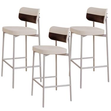 Imagem de Kit 03 Banquetas Alta Bar Cozinha Sala De Jantar Aço Branco Kaira C01 Linho Palha Courino Café - Lyam Decor