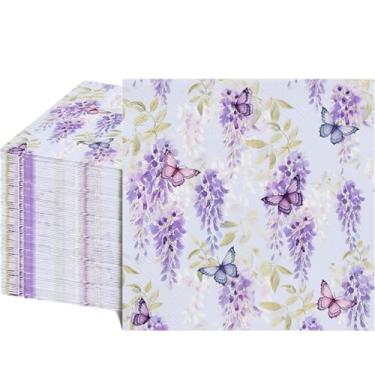 Imagem de 80 guardanapos de glicínia e borboleta - guardanapos decorativos descartáveis de almoço de papel 16,5 x 16,5 polegadas com estampas florais para casamento, aniversário, chá de bebê, festa temática