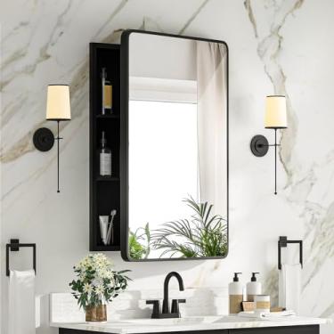 Imagem de GXMIOR Armário de remédios preto com espelho para banheiro, 50,8 x 71,1 cm de montagem na parede com prateleiras ajustáveis, espelho de banheiro com armazenamento