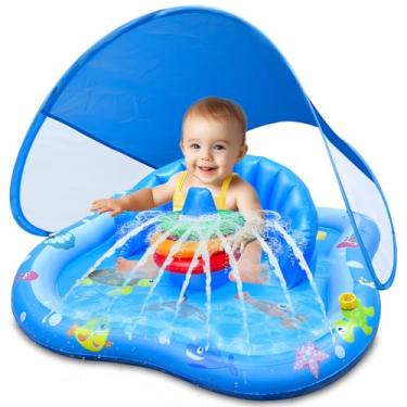Imagem de iGeeKid Piscina Inflável Para Bebês Com Cobertura, Piscina Infantil Com Aspersor De Água Para Crianças - Tapete De Brincar Para Bebês Com Encosto E Argolas Empilháveis, Brinquedos Aquáticos Para Áre